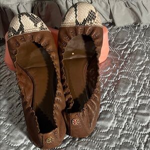 Tory Burch Brown and Snake Print Flats